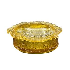 VTG Kemple Glass Honey Amber Lace and Dewdrop Pattern Trinket Box 1945-1970